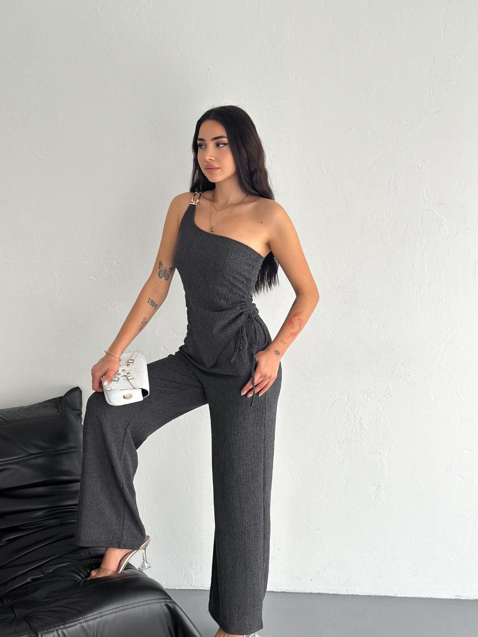 Kadın Asimetrik Crop Pantolon Takım